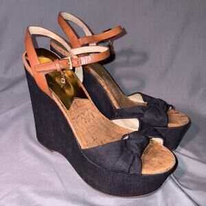 Michael Kors Denim Cork Wedge Sandals 8.5M‎ Ankle Strap Espadrille Heels